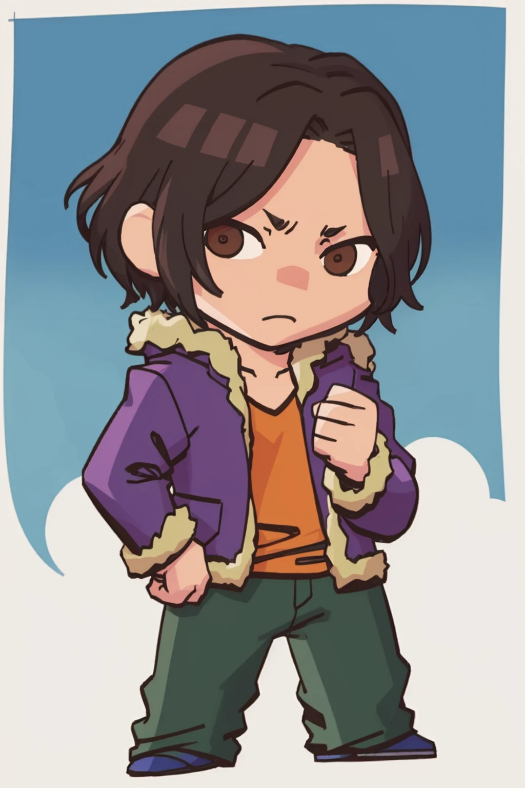 masterpiece, best quality, solo, 1boy, looking at viewer, <lora:Ronaldo_Fp:1>, ronaldodesu2, purple jacket, fur trim, pants,   <lora:FEH-MTH_Fp:0.8> simple background, chibi, brown eyes,