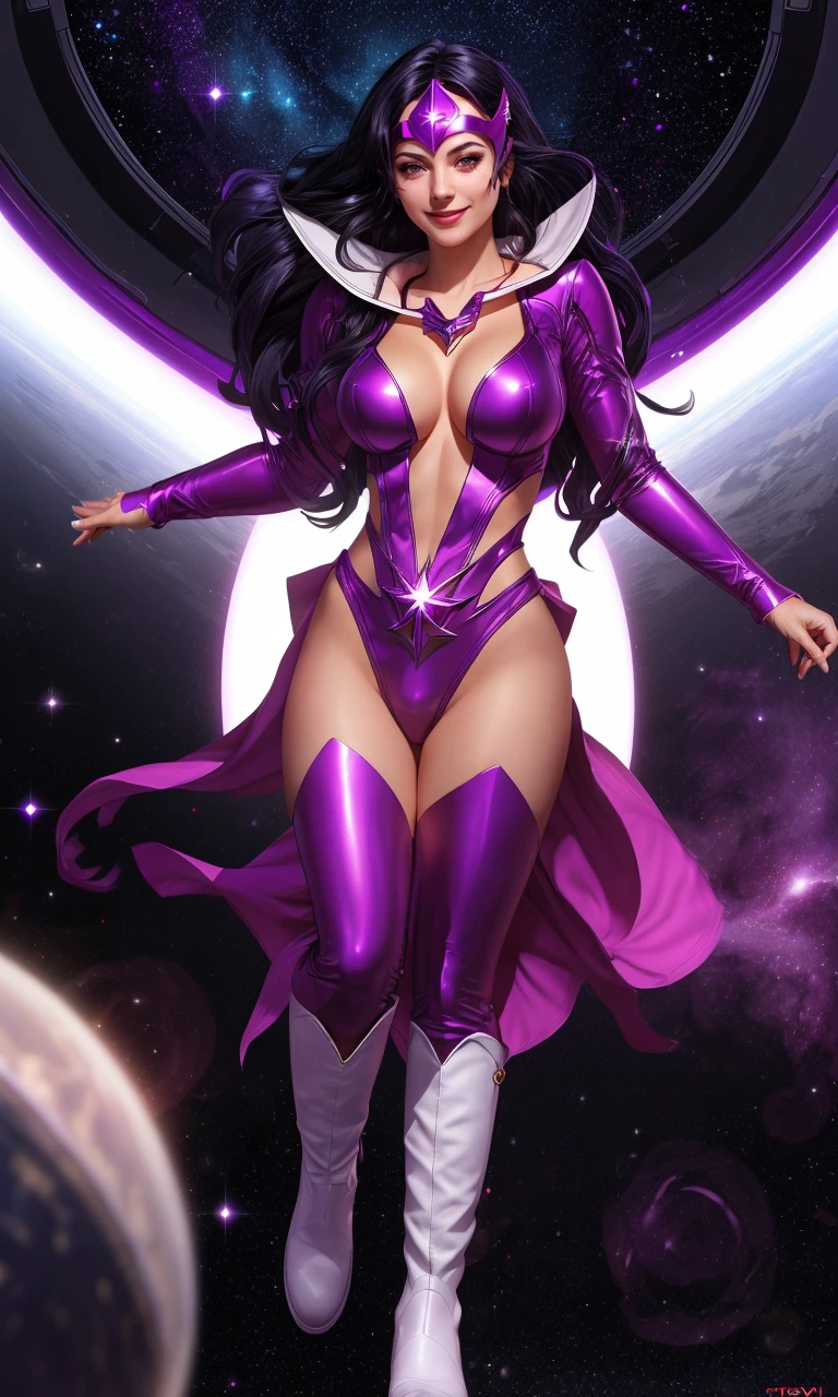 stsapph2024, 1girl, best quality, masterpiece, 5 fingers, depth of field, full body, 5 fingers, raw photo, photorealistic, violet, floating in space, white collar, long boots, bathing suit, eye mask, black hair, smile,