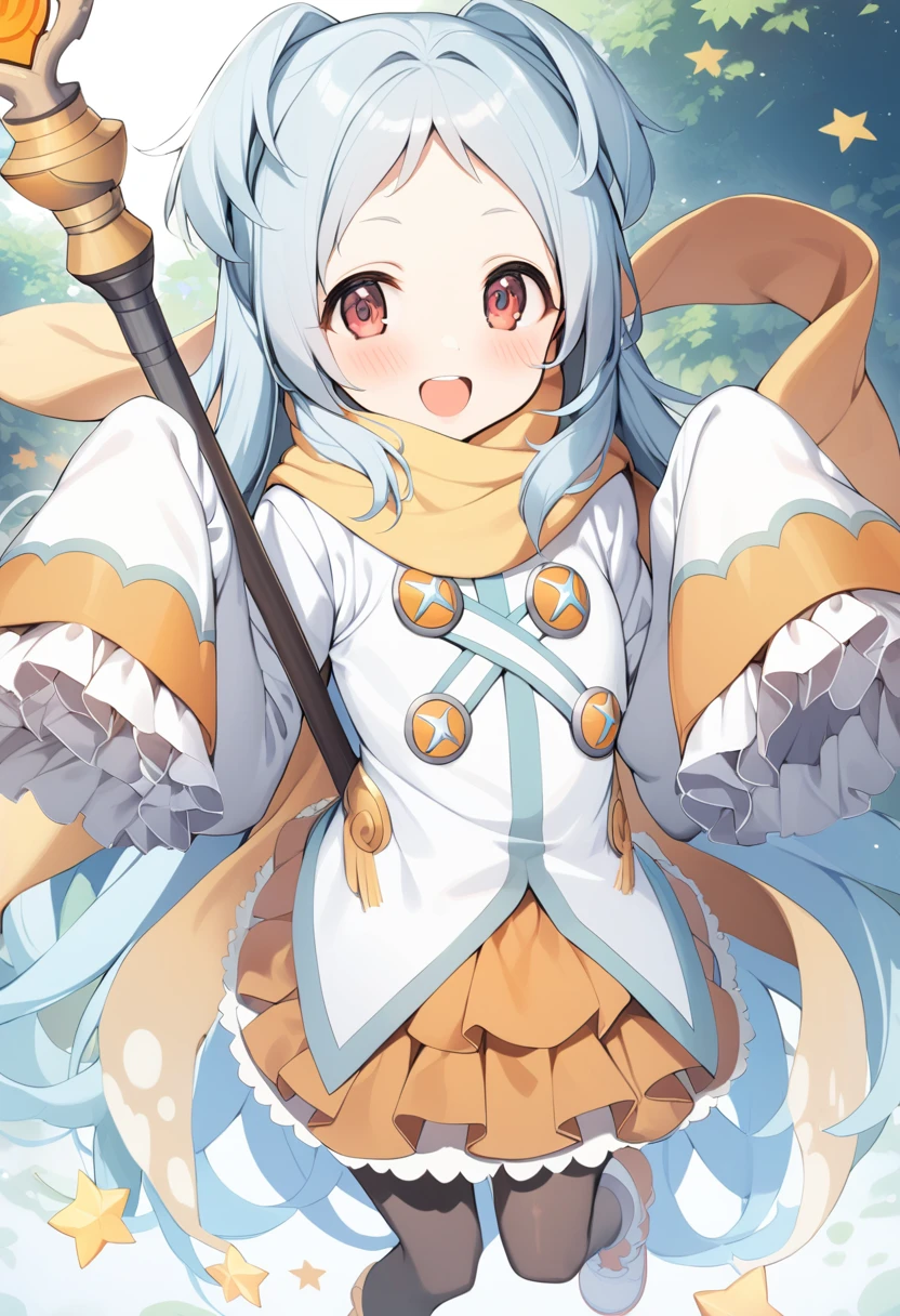 1girl, miyako \(princess connect!\), pantyhose, solo, smile, long hair, sleeves past wrists, blush, scarf, sleeves past fingers, long sleeves, red eyes, looking at viewer, blue hair, staff, black legwear, wide sleeves, skirt, brown scarf, orange skirt, shoes, holding, two side up, frills, eyebrows visible through hair, holding staff, dress, striped bow, striped, white footwear, very long hair, jacket, frilled sleeves, brown eyes, brown legwear, white shirt, parted bangs, brown skirt, white jacket, white dress, bow, orange scarf, shirt, star \(symbol\), hair intakes, boots, yellow scarf, teeth, thigh gap, open mouth, silver hair, hands up, pleated skirt, :d, ribbon, forehead, layered skirt, frilled dress, white ribbon, fringe trim, outdoors, masterpiece, best quality <lora:miyako_princess_connect_sdxl_v1:0.7>