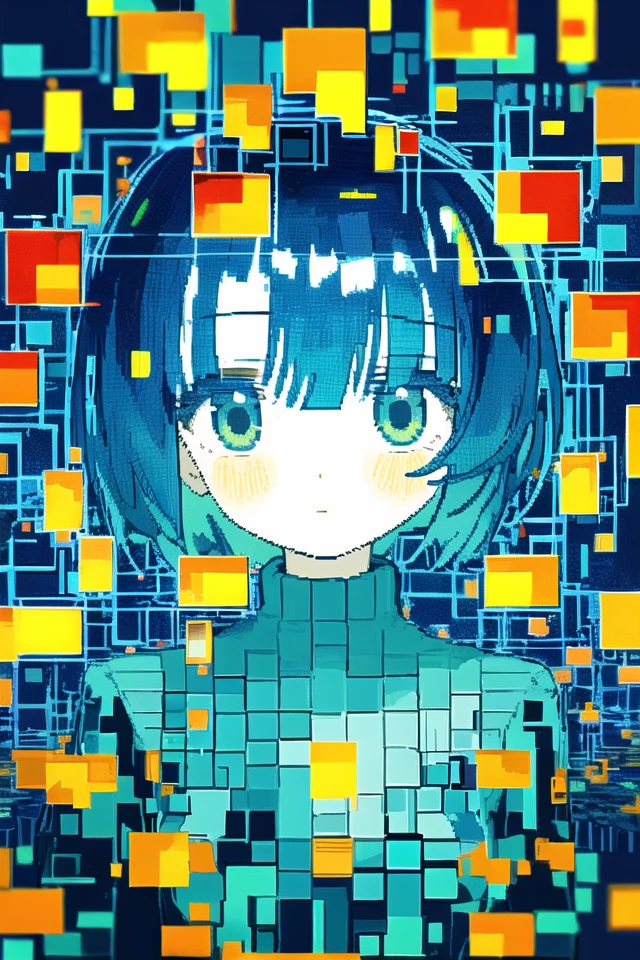 1girl, short hair, glitch art, pixelated, limited palette, recursive