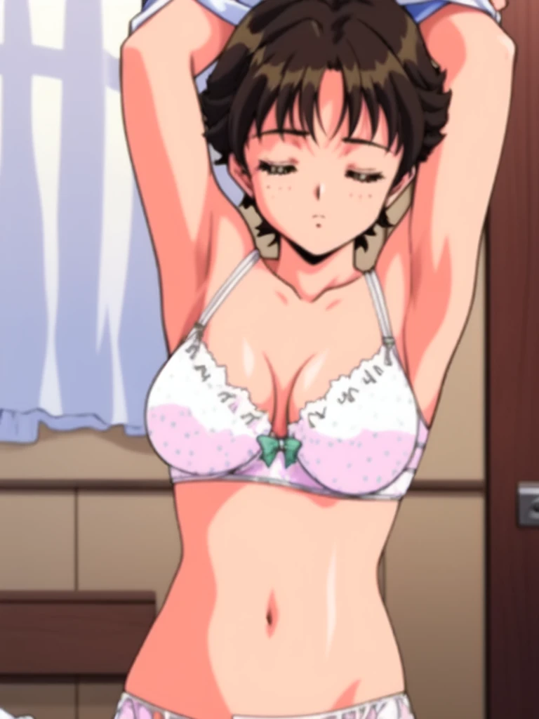 <lora:fujisaki_mika:0.8> fujisakimika, 1girl, solo, underwear, undressing, lingerie, bra, panties, armpits, underwear only, closed eyes,  arms up, hotel_in_the_room, large_breasts
masterpiece, high quality, very_high_resolution, large_filesize, full color,