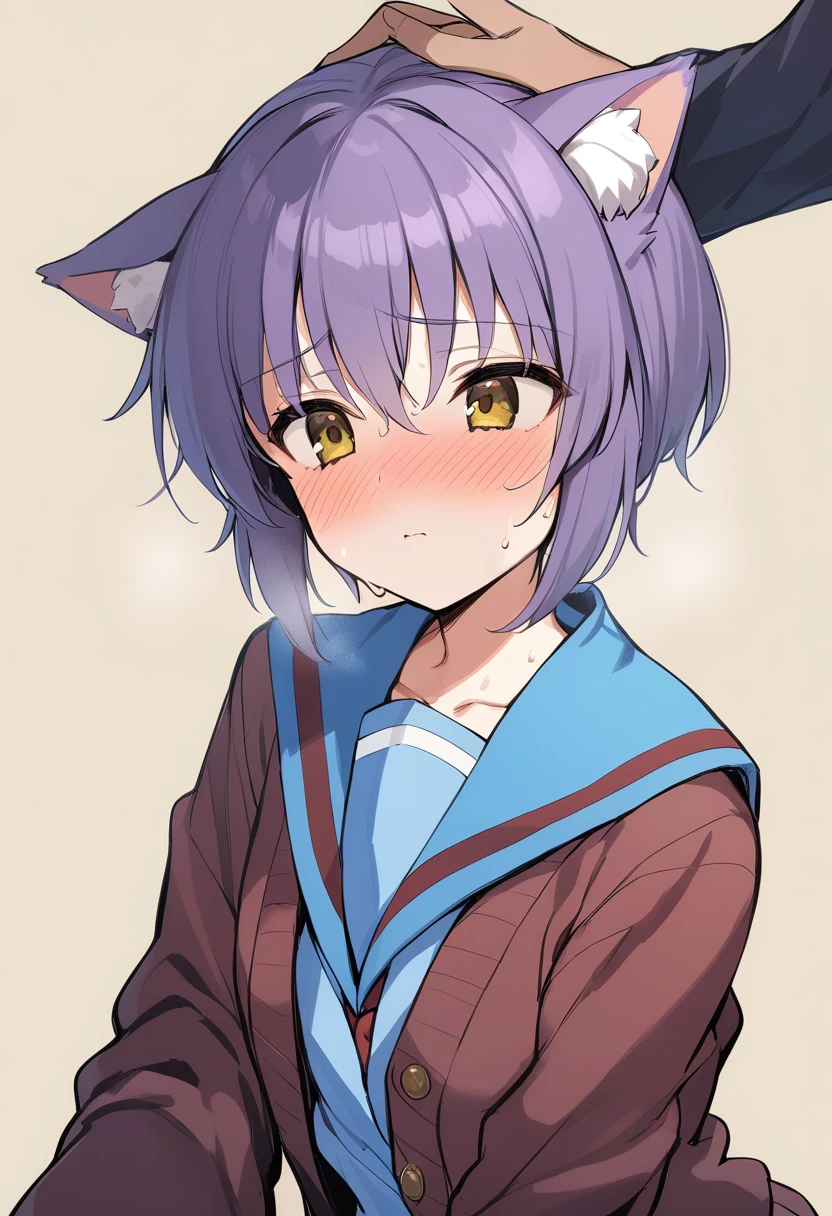 1girl, nagato yuki, winter uniform, kita high school uniform, short hair, school uniform, purple hair, sailor collar, cardigan, blue sailor collar, out of frame, serafuku, solo focus, headpat, bangs, simple background, yellow background, brown eyes, yellow eyes, blush, sweating, cat ears, masterpiece, best quality, <lora:Char - Nagato Yuki - v1 - Bionagato>