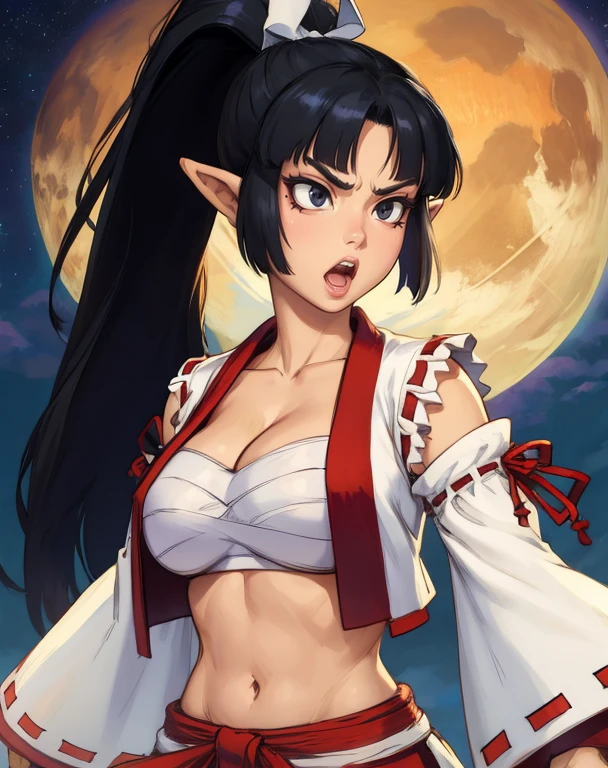 LadSam,ponytail,pointy ears,black eyes,navel,bangs,solo,standing,upper body,serious,toned,teeth,
sarashi,red hakama,midriff,ribbon-trimmed sleeves,white open vest,serious, open mouth,
dojo,stars,
(insanely detailed, beautiful detailed face,beautiful detailed eyes, masterpiece, best quality),<lora:LadySamurai-10Dv9:0.8>,