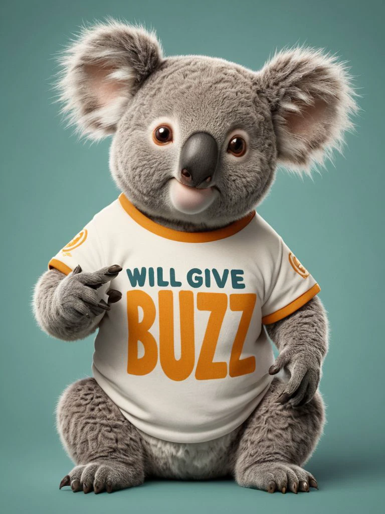 koala wearing a shirt that says "Will give buzz for Images", text <lora:Harrlogos_v2.0:0.8> text logo