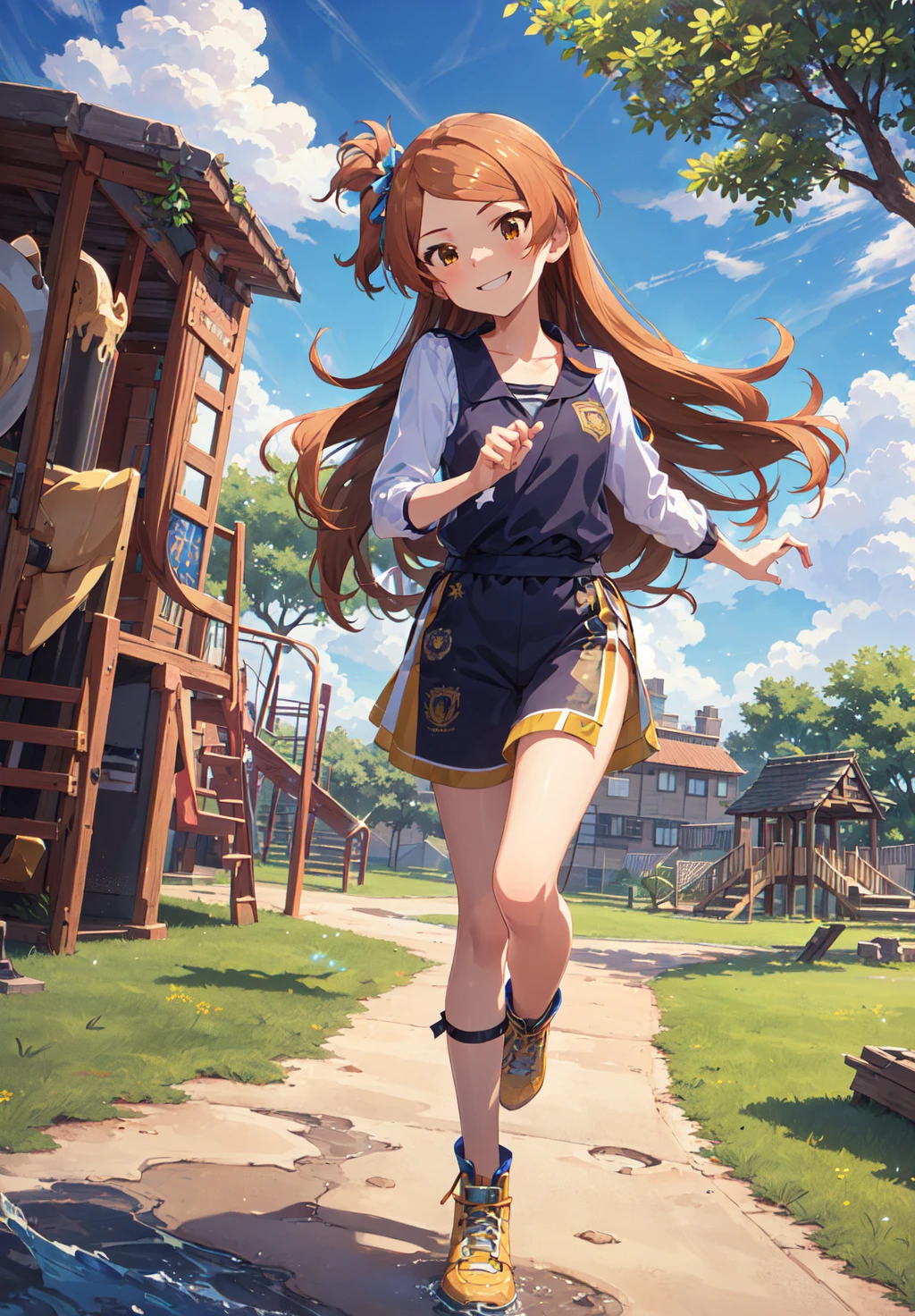 tamaki ogami \(million live\), (best quality, 8K, masterpiece, ultra detailed:1.2), cinematic angle,
day, dappled sunlight, blue sky, beautiful clouds, lens flare, sparkle, light particles, wide shot,park, cobblestone,
1girl, solo, seductive smile, head tilt, full body, summer, running, training, playground