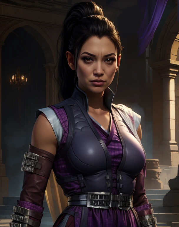 LiMei,black hair,brown eyes,ponytail,dress,(pelvic curtain:1.1),
standing,upper body,
vest,detached sleeves,(red pants:0.8),purple gauntlets,
looking at viewer,
fantasy,marketplace,standing at attention,
(insanely detailed, beautiful detailed face, masterpiece, best quality),solo,<lora:LiMeiMK1-10V9Alt:0.8>,