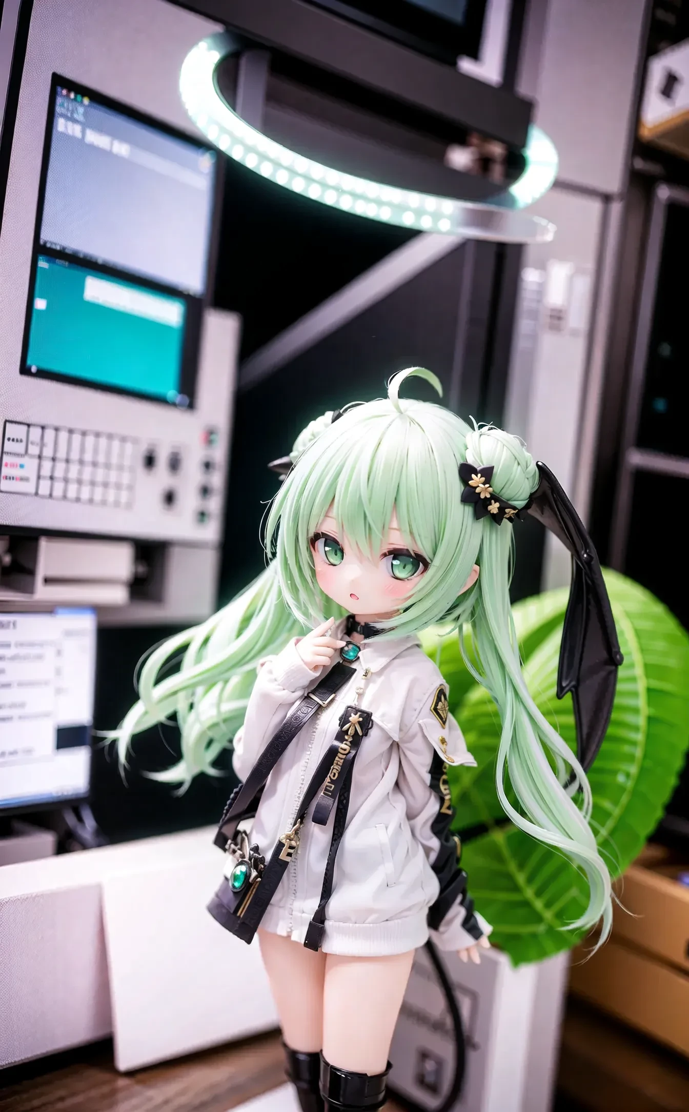 (cowboy shot,very long hair,4349:1),<lora:lora_1230c:0.25>,1girl,solo,chibi,hair_bun,halo,wings,long_hair,jacket,ahoge,barefoot,green_eyes,looking_at_viewer,braid,single_hair_bun,dress,full_body,white_jacket,hair_ornament,blush,green_hair,bangs,virtual_youtuber,single_side_bun,hair_between_eyes,very_long_hair,