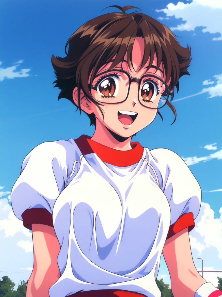 <lora:fujisaki_mika:0.8>, fujisakimika, 1girl, solo, gym uniform, short hair, brown hair, brown eyes, open mouth, wristband, buruma, sky, breasts, glasses, smile, happy,
1990s (style), breasts,
masterpiece, high quality, very_high_resolution, large_filesize, full color,
