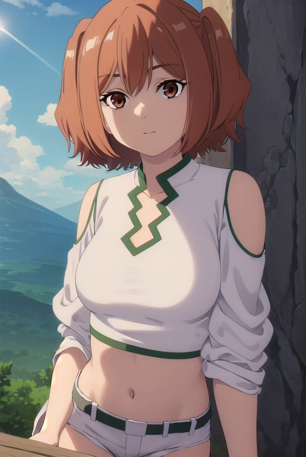 kanne, <lora:kanne-alpha-lora-nochekaiser:1>,
kanne, short hair, brown hair, twintails, (brown eyes:1.3),
BREAK shirt, thighhighs, navel, bare shoulders, white shirt, short sleeves, midriff, belt, white thighhighs, crop top, short shorts, clothing cutout, shoulder cutout, green shorts,
BREAK outdoors, forest, nature, grass, sky, sun, clouds,
BREAK looking at viewer, (cowboy shot:1.5),
BREAK <lyco:GoodHands-beta2:1>, (masterpiece:1.2), best quality, high resolution, unity 8k wallpaper, (illustration:0.8), (beautiful detailed eyes:1.6), extremely detailed face, perfect lighting, extremely detailed CG, (perfect hands, perfect anatomy),
