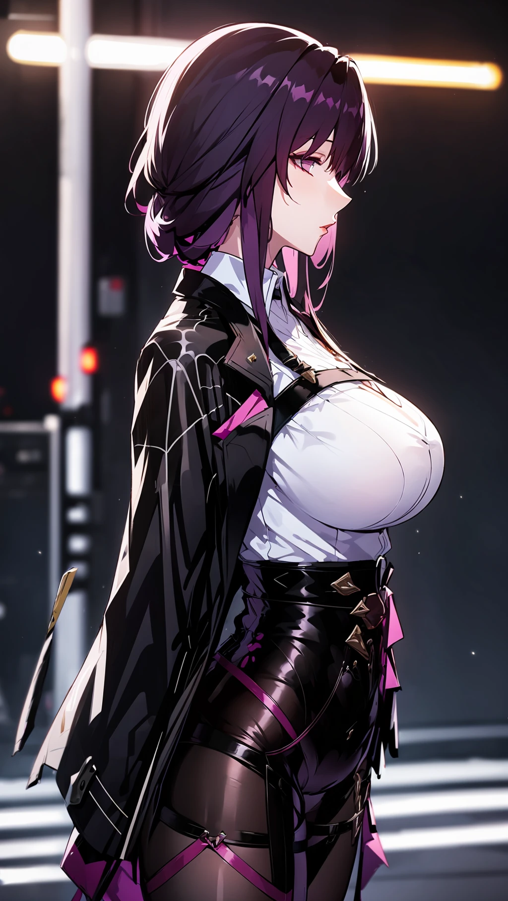 A sexy&cool woman on the road at night,kafka,black  jacket,Purple gloves,
huge filesize,artbook,(medium breasts),Black stockings,slender_waist,<lora:[LoRA] mhy_honkai_SR_kafka_v1.0:0.9>,upper_body,profile,, (masterpiece, high resolution, best quality:1.4, breathtaking, ultra detailed)