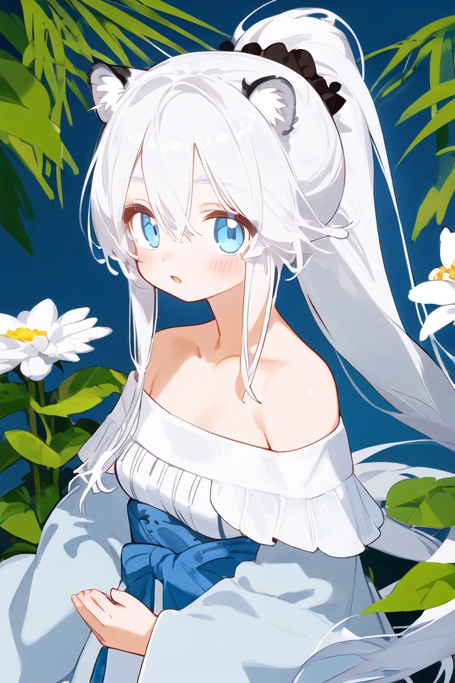 young female, appealing, white hair, long hair, off-shoulder, light blue eye, flower on head, ponytail, tiger theme