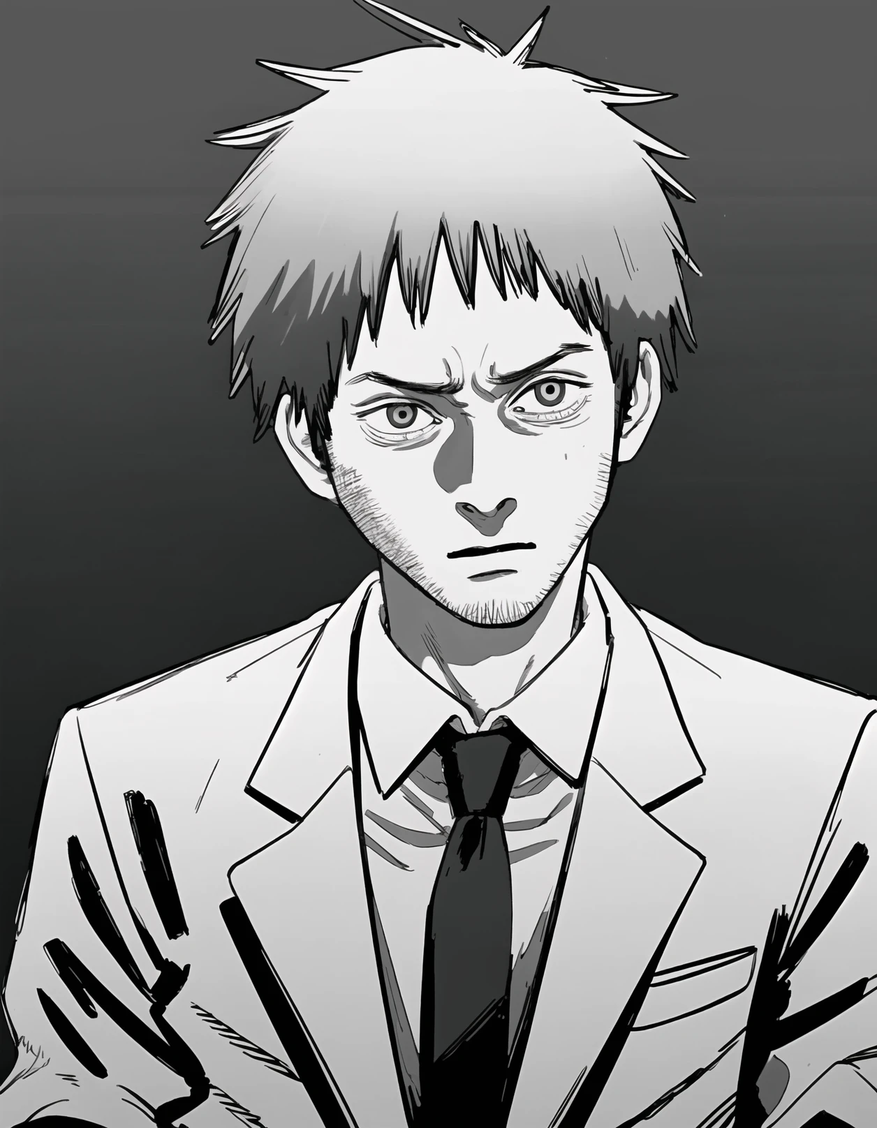 best quality, afterglow, 4k, ((masterpiece)), extremely detailed, 8k, trending on ArtStation, Intricate, High Detail, Sharp focus, fujichai <lora:fujichai:1>, (monochrome, greyscale), manga panel, sketch, sketchy, 1boy, formal, jacket, suit