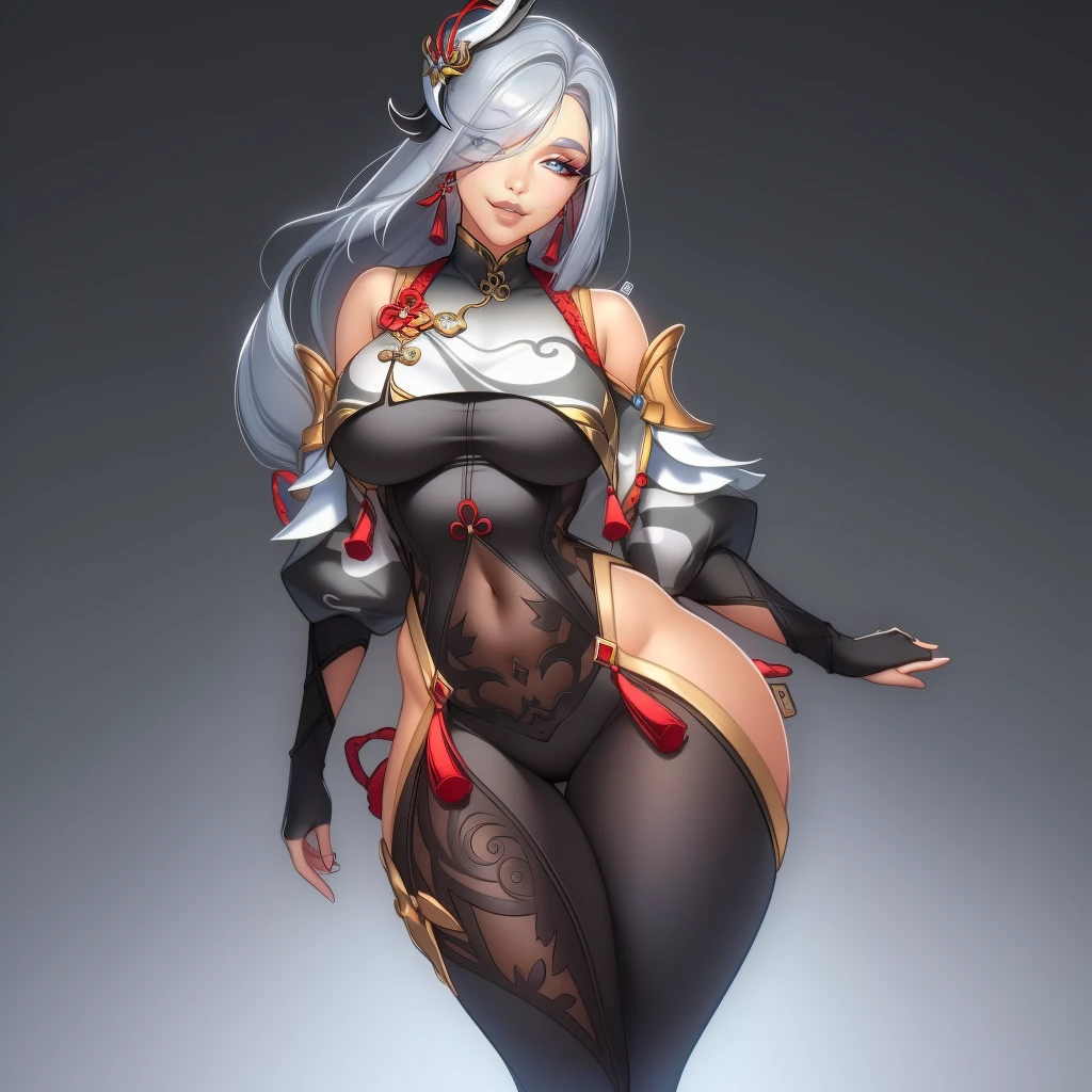 (masterpiece, best quality:1.3), Enia, 1girl, solo, looking at viewer, wide hips, mature female, closed mouth, seductive smile, large breasts, full body, cowboy shot, thick thighs, <lora:Enia Style Lora:.85>, shenhe \(genshin impact\), grey hair, long hair, hair ornament, hair over one eye, blue eyes, earrings, braided ponytail, puffy sleeves, gold trim, gloves, bodysuit, breast curtain, shoulder cutout, covered navel, hip vent, clothing cutout, tassel <lora:shenhe:.8>
