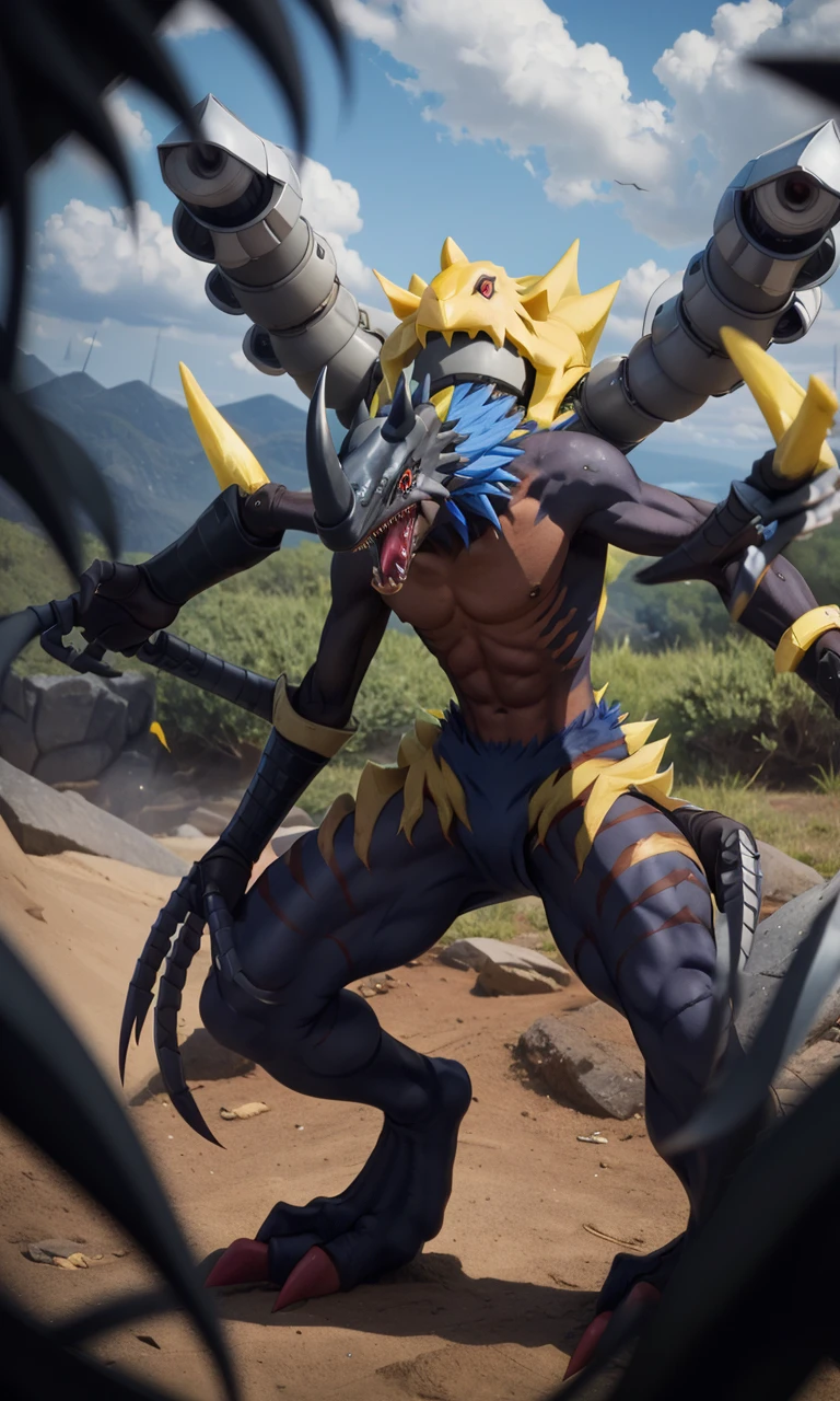 Millenniummon2024, best quality, masterpiece, depth of field, raw photo, photorealistic, monster, Digimon, 4 arms, claws, sharp teeth, two cannons, otherworldly, yellow bird,