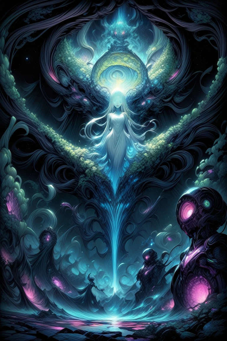 toned, cinematic, interdimensional (female:0.5) creature, biomechanical ghost, mesmerizing visual puzzle, hyper-detailed, artistic style, neural network, bioluminescent,