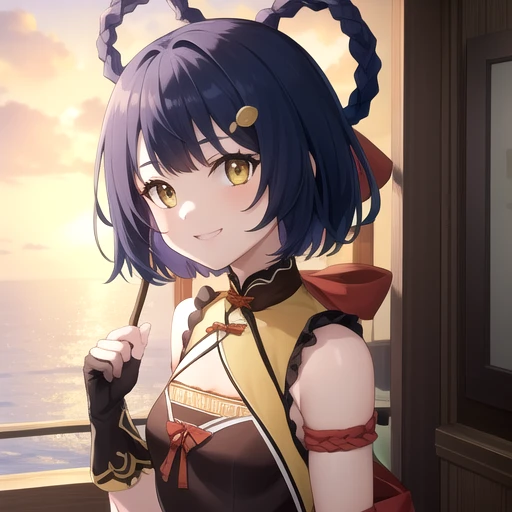 ((masterpiece)),(best quality),official art,extremely detailed CG,unity 8k wallpaper,ultra detailed,A lighthouse on a cliff by the sea,1girl,solo,upper body,(portrait:1.2),looking at viewer,fingerless_gloves,blue_hair,bandaid_on_leg,smile,bandaid_on_knee,chinese_clothes,braid,yellow_eyes,hair_ornament,boots,short_hair,small_breasts,china_dress,sleeveless,hair_rings,hairclip,bell,bare_shoulders,bangs,black_gloves,thigh_strap,pelvic_curtain,<lora:Xiangling(gen)>,