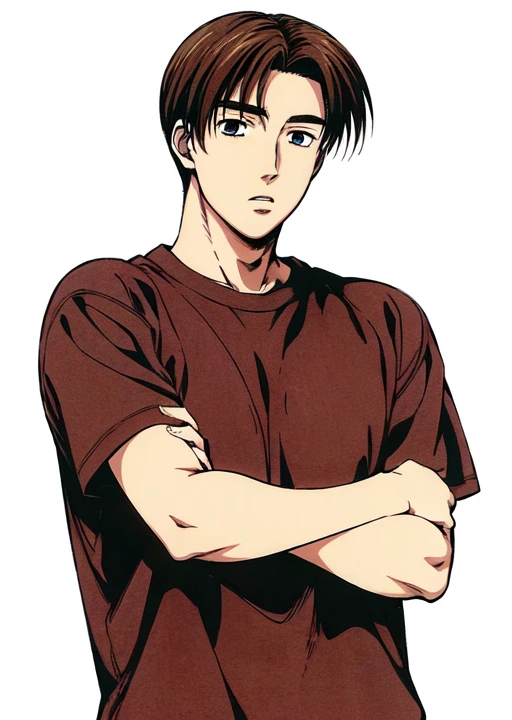 <lora:takumifujiwara:0.7> takumi_fujiwara, 1boy, solo, brown hair, shirt, looking at viewer, white background