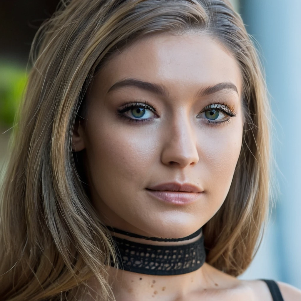 Super high res closeup portrait photo skin texture of a stunning young woman wearing a very small choker,f /2.8, Canon, 85mm,cinematic, high quality, skin texture, looking at the camera, <lora:gihadid_xl_1_standard-000094:1.0>