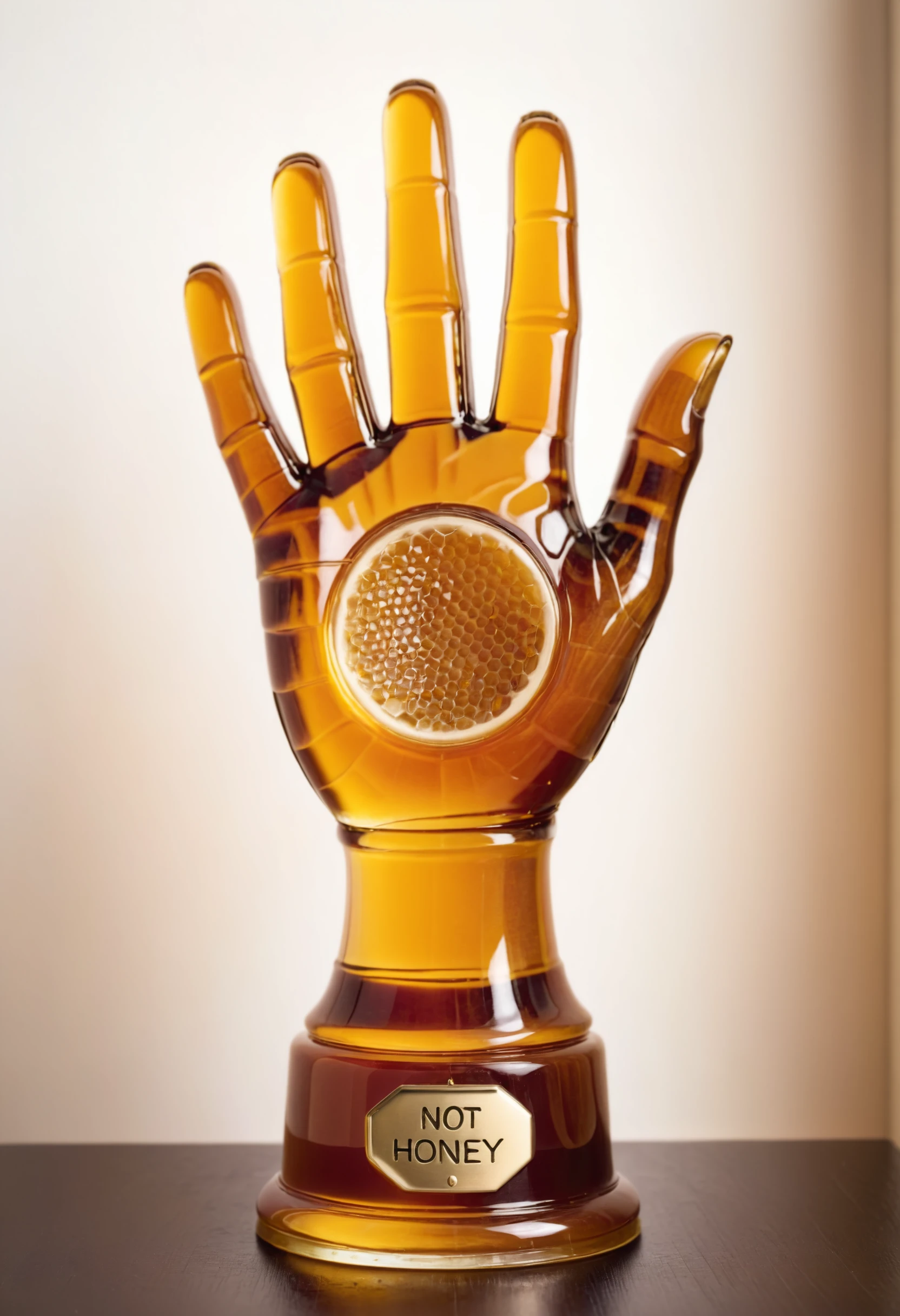 a trophy hand sculpture made of dvr-honey with the words "NOT HONEY", palm facing the viewer
<lora:HoneyStyleV2:0.8>