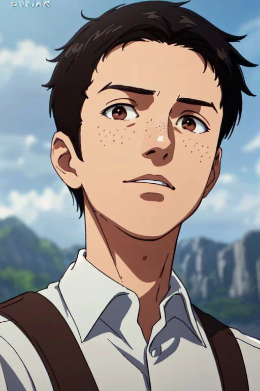 Marco Bott, AttackonTitan, (human male), (boy, manly face:1.2), (short hair:1.2) (black hair, straight hair, center-parted short hair, very short curtained hair:1.2), (bare forehead:1.2), (light brown eyes, normal size eyes), slight freckles, wearing pure white collared shirt, handsome, charming, alluring, friendly, (standing), (upper body in frame), simple background, green plains, cloudy blue sky, perfect light, perfect anatomy, perfect proportions, perfect perspective, 8k, HQ, (best quality:1.5, hyperrealistic:1.5, photorealistic:1.4, madly detailed CG unity 8k wallpaper:1.5, masterpiece:1.3, madly detailed photo:1.2), (hyper-realistic lifelike texture:1.4, realistic eyes:1.2), picture-perfect face, perfect eye pupil, detailed eyes, realistic, HD, UHD, (front view:1.2), portrait, looking outside frame