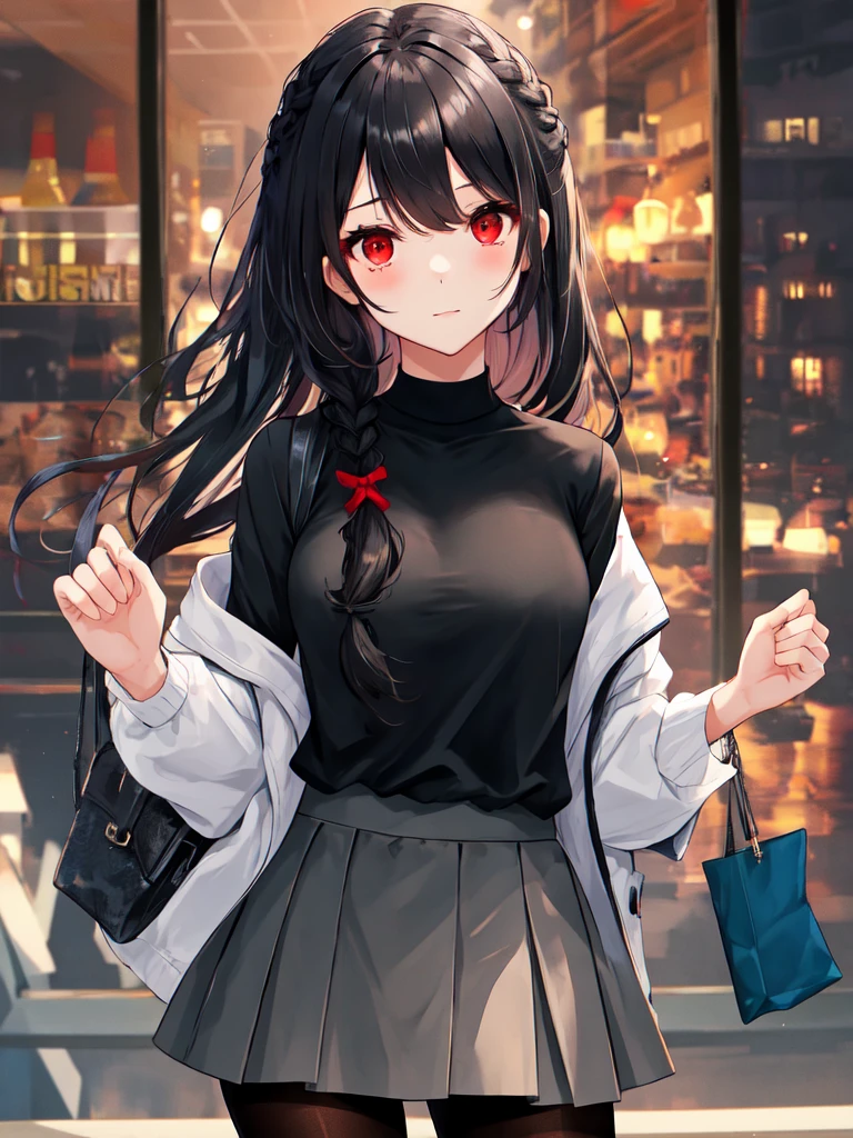 1girl, red eyes, long black hair, french braid, sidelocks, hair on face, short tight skirt, pantyhose, black shirt,upper body, looking at viewer