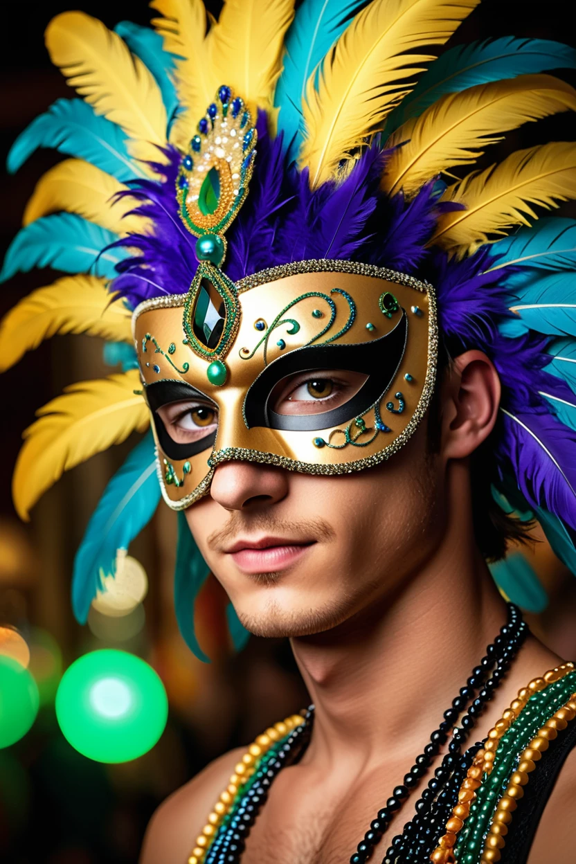 19yo twink at mardi gras, domino mask, feathers, beads, party environment, hazel eyes, (perfectly-lit, crisp focus, absurdres, 8k UHD, HDR, vivid color, depth of field, contrast, clarity, balance)