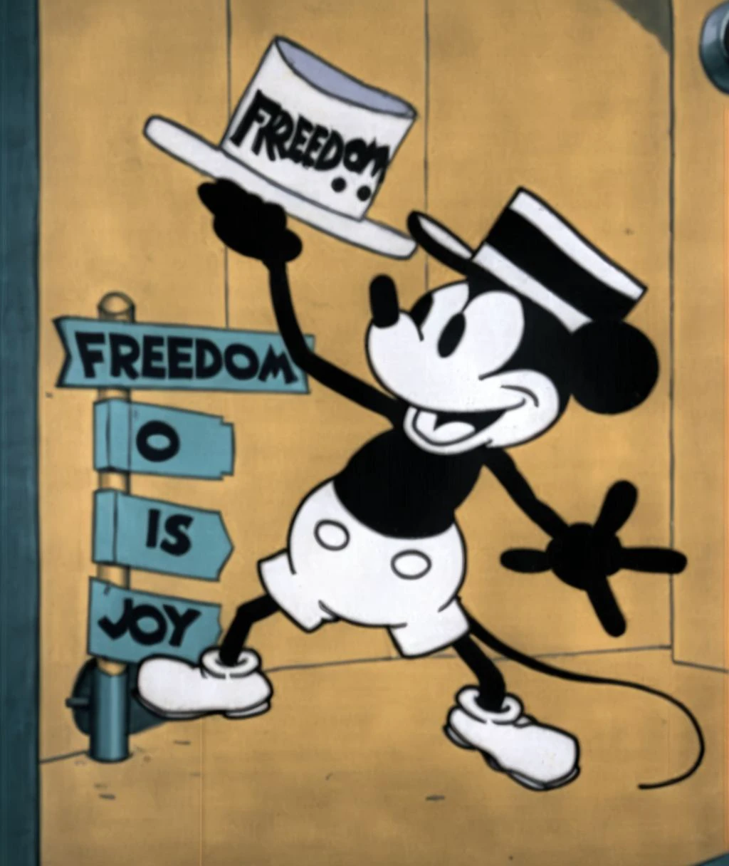 colorful, big beautiful colorful sign that says "FREEDOM" "FREEDOM" "FREEDOM" "FREEDOM" steamboat willie jumps for joy!, wearing a hat, making a peace sign! science center, vintage style he is looking at camera looking directly forward. big beautiful sign that says "FREEDOM" , tap dancing <lora:WillieXL-000470:0.85>