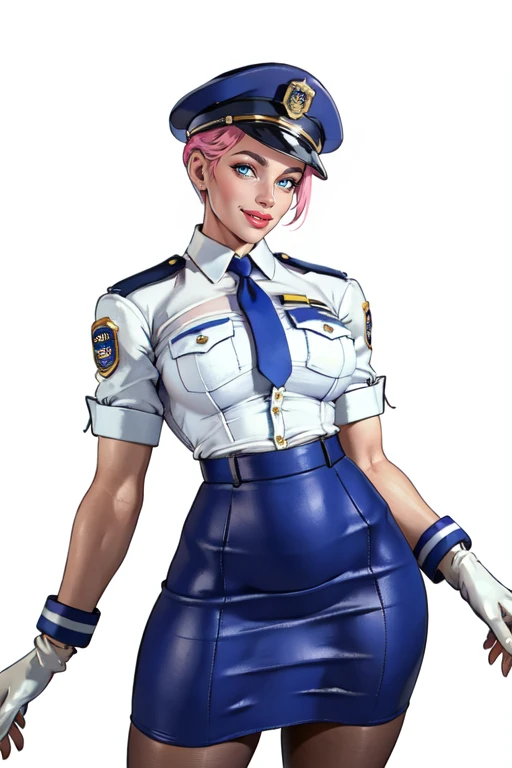 masterpiece,best quality,extreme detail,8k,<lora:Manon:0.8>,manon2,1girl,solo,breasts,looking at viewer,smile,short hair,blue eyes,skirt,shirt,gloves,hat,standing,pink hair,pantyhose,necktie,white gloves,uniform,lips,blue skirt,makeup,lipstick,pencil skirt,blue necktie,badge,police,police uniform,policewoman,police hat,white background,