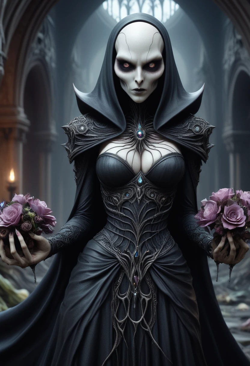 Closeup fullbody portrait of female illithid, mind flayer, feminine mind flayer, wearing a sorceress dress, bald ,horrific and twisted underground city strange geometry, intricate background, atmospheric scene, masterpiece, best quality, (detailed face, detailed skin texture, ultra-detailed body:1.1), modern, feminine+, large breasts, shiny wet skin, looking at viewer, modelshoot style, (extremely detailed CG), photo of beautiful artwork, High Detail, Sharp focus, dramatic+, (photorealistic), Intricate, otherworldly, mysterious, highly detailed, fantasy, holding a pretty bouquet of flowers, and with a gentle expression in her eyes