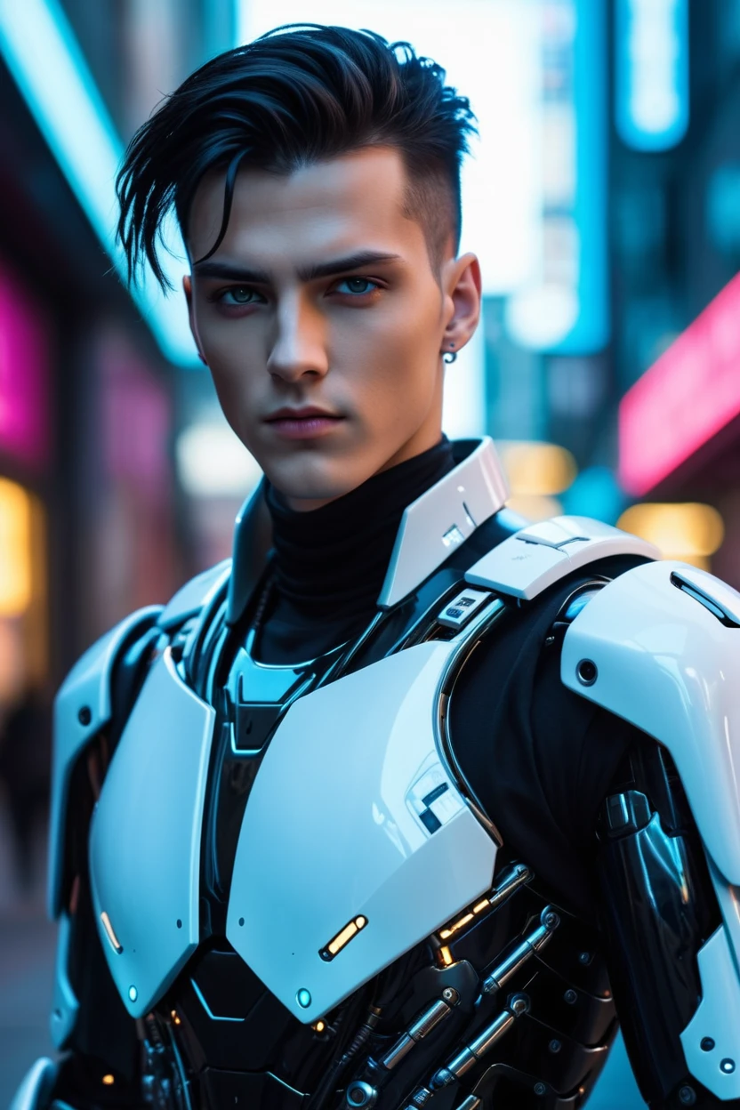 epic cyberpunk android young male model robot, (perfectly-lit, crisp focus, absurdres, 8k UHD, HDR, vivid color, depth of field, contrast, clarity, balance)