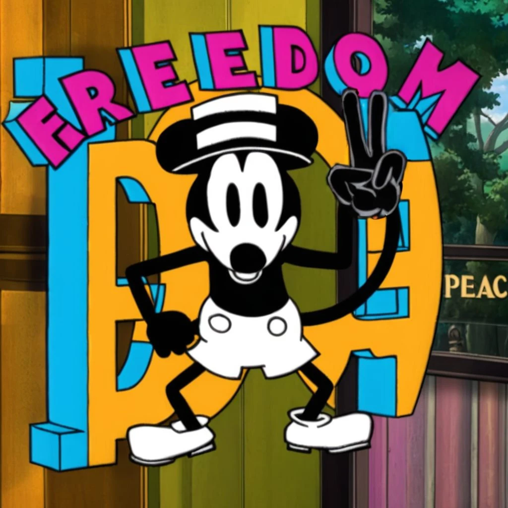 colorful, big beautiful colorful sign that says "FREEDOM" "FREEDOM" "FREEDOM" "FREEDOM" steamboat willie jumps for joy!, wearing a hat, making a peace sign! science center, vintage style he is looking at camera looking directly forward. big beautiful sign that says "FREEDOM" , tap dancing <lora:WillieXL-000470:0.85>