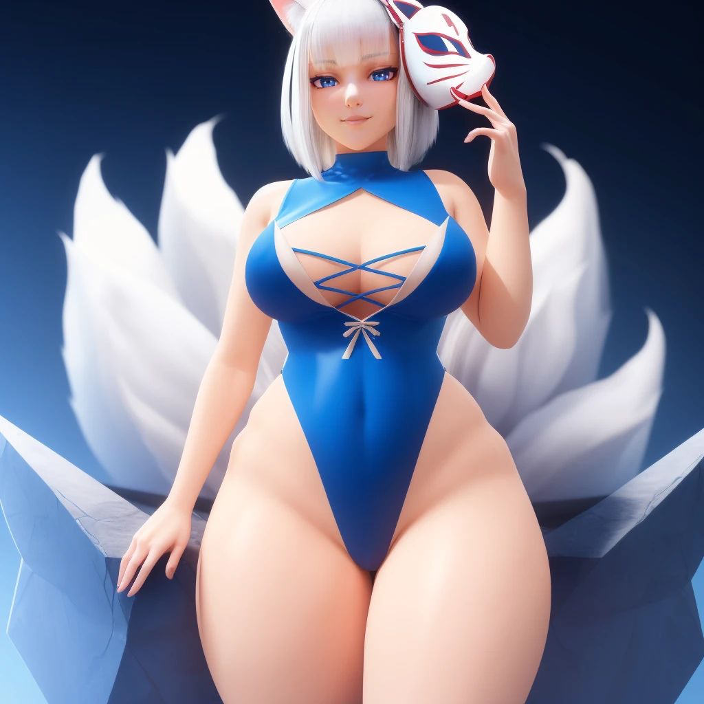 (masterpiece, best quality:1.3), MikaDawn3D, 1girl, solo, looking at viewer, wide hips, mature female, closed mouth, seductive smile, large breasts, full body, cowboy shot, thick thighs, <lora:MikaDawn3D Style Lora:.85>, kaga(everlasting killing stone), white hair, blue eyes, fox ears, mask on head, fox mask, tail, fox girl <lora:kaga_everlasting_killing_stone:.8>