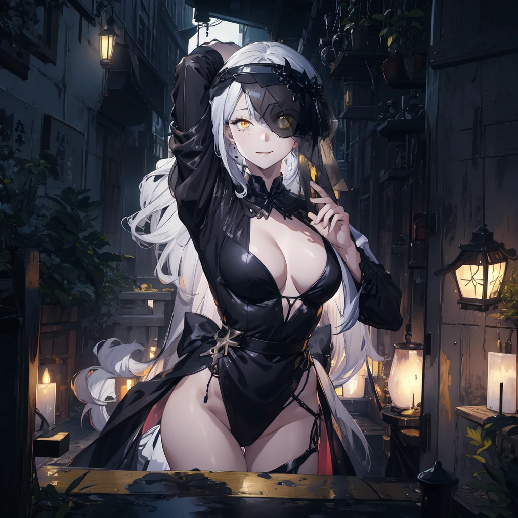 masterpiece, best quality,1girl,black dress, veil cover one eye,veil,yellow eyes, light smile,breasts, upshirt,playground,night sky, thigh straddling,