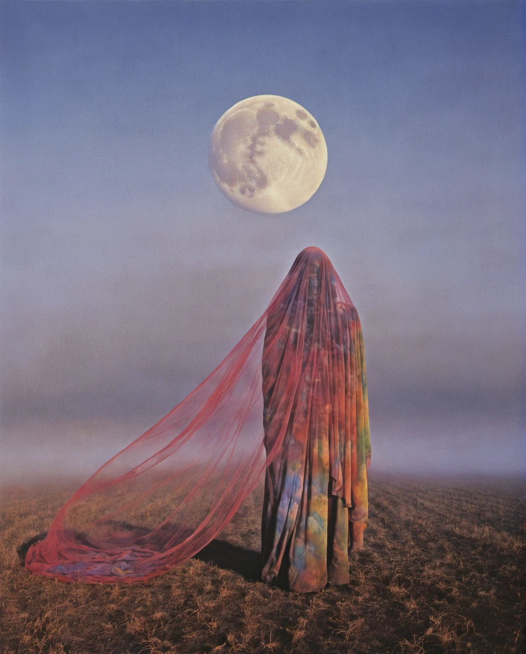 by storm thorgerson, psychedelic hyperrealistic surrealism, dreamscape, award winning masterpiece with incredible details, A moon shrouded in a veil of mist hangs low in the sky, casting an eerie glow, highly detailed