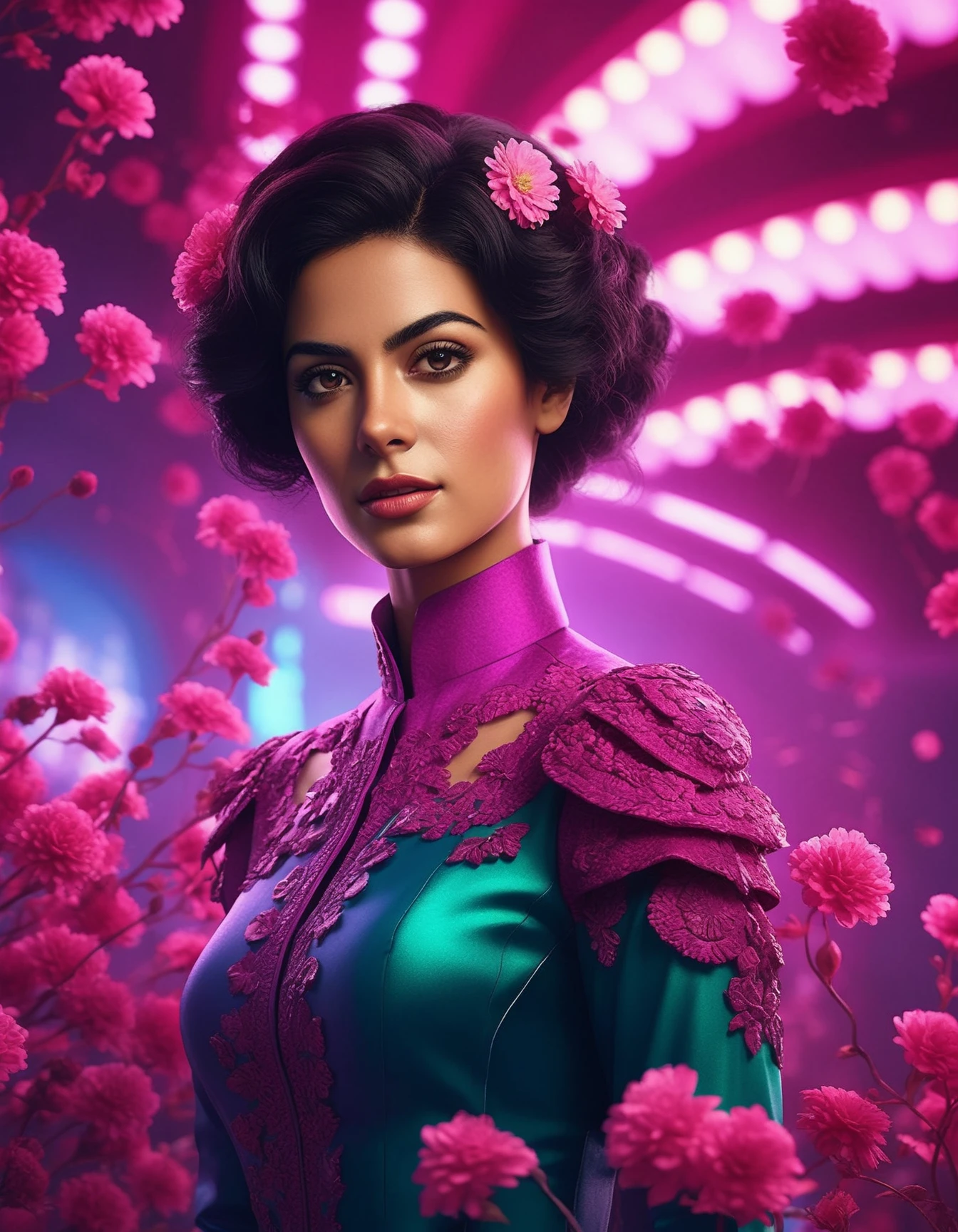 cinematic photo cartoon version of of ((ohwx woman)) , cartoon character artstation digital painting portrait design by mark brooks and brad kunkle detailed face highly stylized realistic cinematic lighting dramatic shadows fine detail 4k 8K sharp focus high resolution octane render photorealism trending on ArtStation GTA cover page with textured flowers in background beautiful colors blue black red pink green purple violet teal g white yellow color scheme bright vivid contrast fantasy style beepley artwork <lora:emeraudetoubia_dh128_v1:1> . 35mm photograph, film, bokeh, professional, 4k, highly detailed