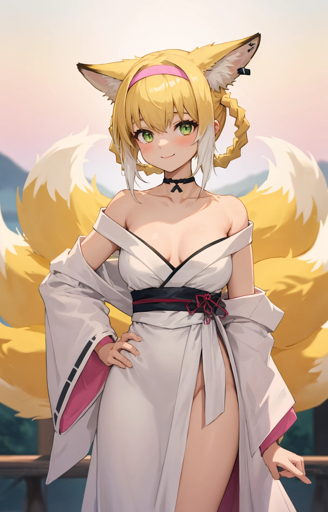 1girl,suzuran \(arknights\), arknights, green eyes, animal ear fluff, blonde hair, hairband, braided hair rings, fox ears, fox girl, fox tail, kitsune, multiple tails, hair rings, pink kimono, off shoulders, collarbone, hand on own hip,
a cute fox girl posing in front of epic scenery, she is happy and calm, revealing and teasing yet SFW