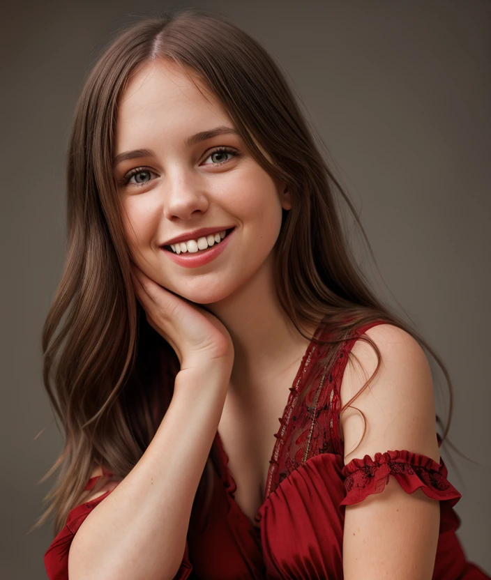 <d1m1> Black background, upper body, smile, Ultra-HD-details, dress red, intricate