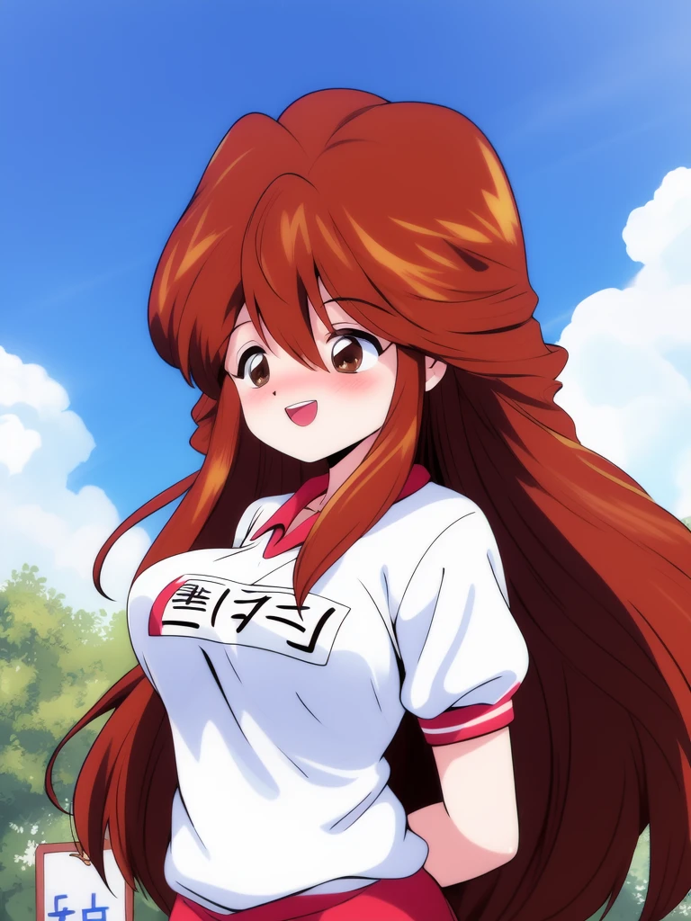<lora:Kawai_Iyona:1>, Iyona, 1girl, soro, brown eyes, brown hair, red hair, long hair, bangs, hair between eyes, smile, under body, large_breasts,
sky, blush, buruma, blush, gym uniform, smile, open mouth, name tag,
masterpiece, high quality, very_high_resolution, large_filesize, full color,