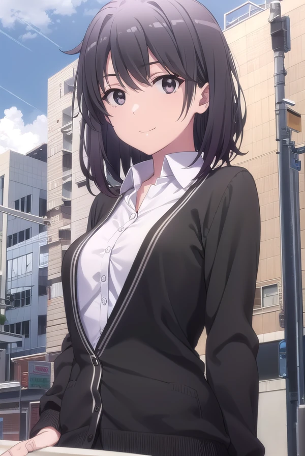 harunoyukinoshita, <lora:haruno yukinoshita s2s3-lora-nochekaiser:1>,
haruno yukinoshita, short hair, hair between eyes, (black eyes:1.5), black hair, gradient hair, two-tone hair, purple hair, smile,
BREAK shirt, white shirt, collared shirt, cardigan, black cardigan,
BREAK outdoors, city, sky, sun, people, crowd, buildings, clouds,
BREAK looking at viewer,
BREAK <lyco:GoodHands-beta2:1>, (masterpiece:1.2), best quality, high resolution, unity 8k wallpaper, (illustration:0.8), (beautiful detailed eyes:1.6), extremely detailed face, perfect lighting, extremely detailed CG, (perfect hands, perfect anatomy),