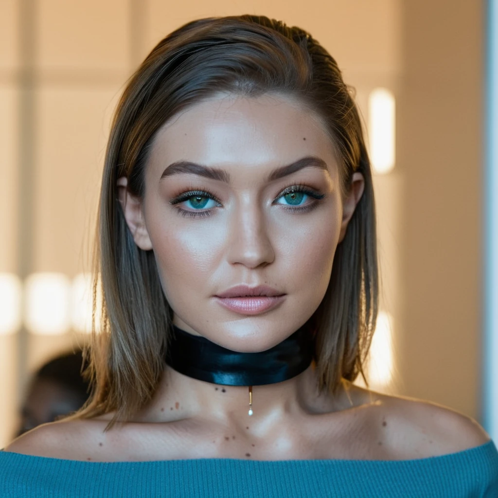 Skin Texture Photo of a woman wearing a choker necklace and ((lipgloss)),f /2.8, Canon, 85mm,cinematic, high quality, skin texture, looking at the camera, <lora:gihadid_xl_1_standard-000094:1>