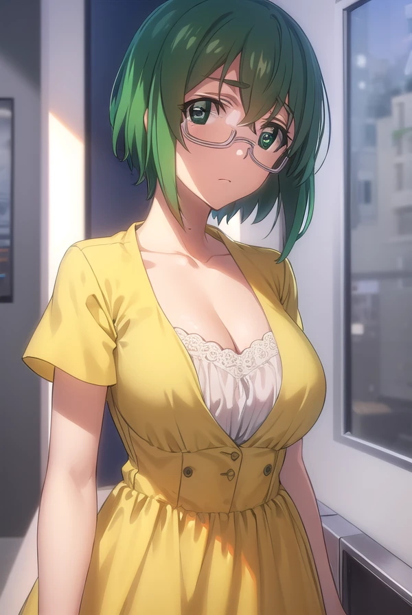 mayayamada, <lora:maya yamada s2-lora-nochekaiser:1>,
maya yamada, short hair, (green eyes:1.3), green hair, glasses, semi-rimless eyewear, under-rim eyewear,
BREAK dress, cleavage, yellow dress, short sleeves, collarbone,
BREAK indoors, classroom,
BREAK looking at viewer, (cowboy shot:1.5),
BREAK <lyco:GoodHands-beta2:1>, (masterpiece:1.2), best quality, high resolution, unity 8k wallpaper, (illustration:0.8), (beautiful detailed eyes:1.6), extremely detailed face, perfect lighting, extremely detailed CG, (perfect hands, perfect anatomy),