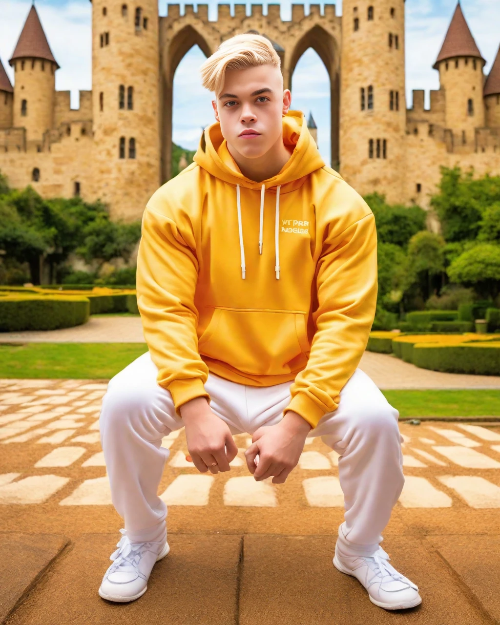 yearbook shot, squat pose, squatting, full shot, front view, man, blonde, blonde eyebrows, caucasian, hoodie, white pants.
background, castle.
<lora:yearbookshot_v1:0.8>