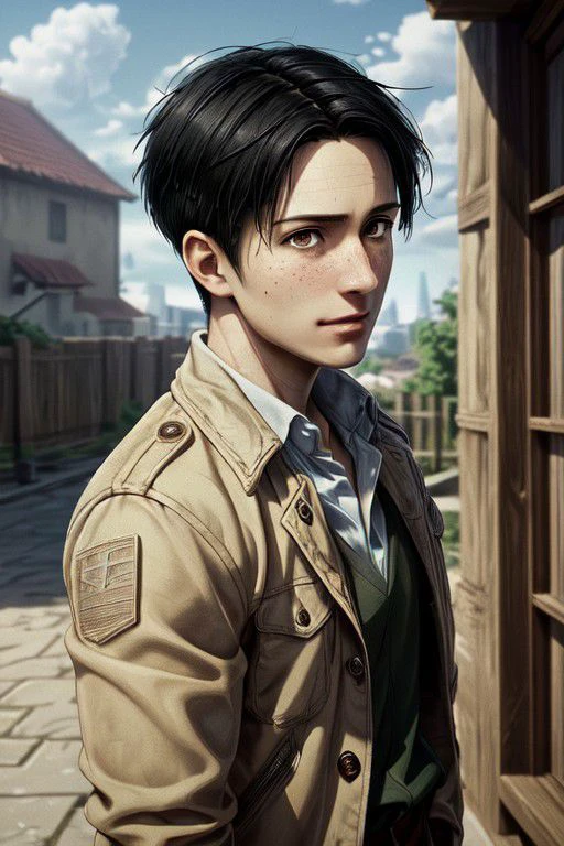 Marco Bott, Attack on Titan anime style, (human male), (boy, manly face:1.4), boyish, oblong face shape, (short hair:1.2) (black hair, straight hair, center-parted short hair, very short curtained hair:1.2), (bare forehead:1.2), (light brown eyes, normal size eyes), slight freckles, wearing pure white collared shirt, tan jacket, handsome, charming, alluring, friendly, smile, (standing), (upper body in frame), green plains location, cloudy blue sky, perfect light, perfect anatomy, perfect proportions, perfect perspective, 8k, HQ, (best quality:1.5, hyperrealistic:1.5, photorealistic:1.4, madly detailed CG unity 8k wallpaper:1.5, masterpiece:1.3, madly detailed photo:1.2), (hyper-realistic lifelike texture:1.4, realistic eyes:1.2), picture-perfect face, perfect eye pupil, detailed eyes, realistic, HD, UHD, front view, (portrait), face focus, looking outside frame