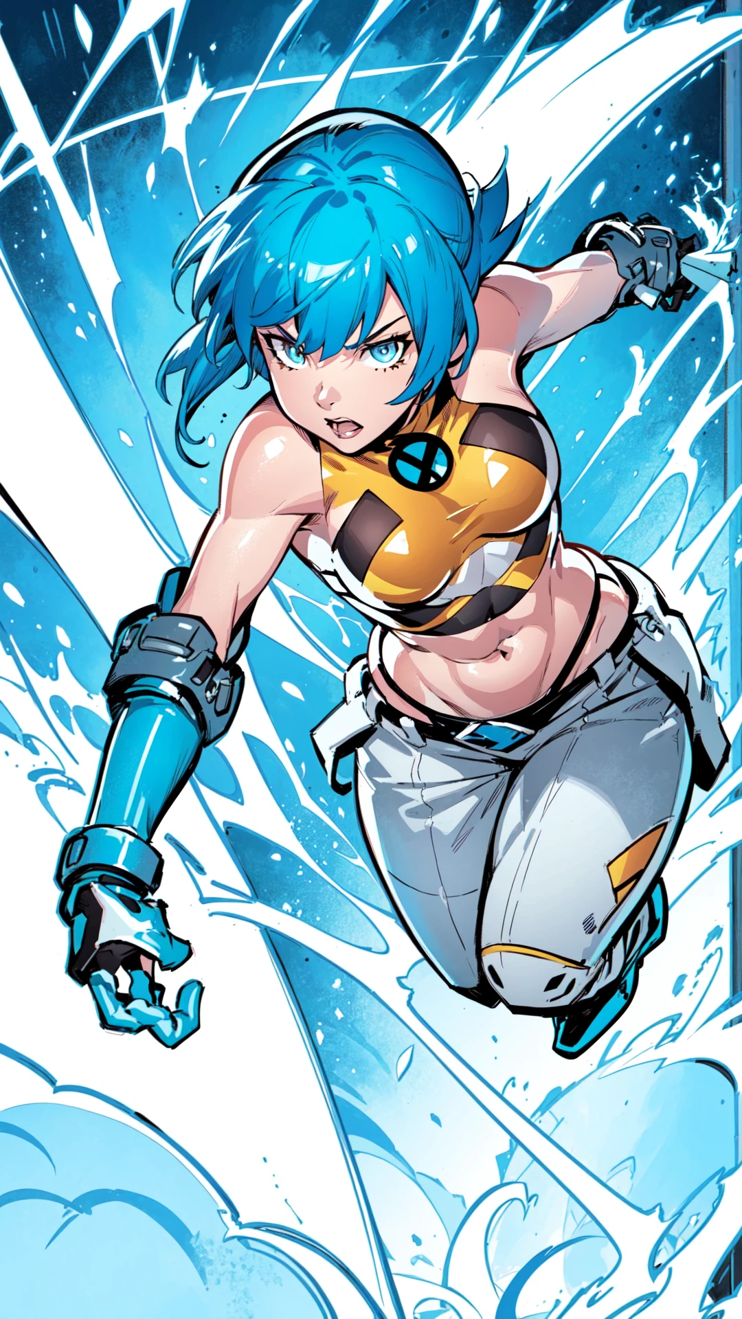 surmar, 1woman, blue hair, blue eyes, yellow top, grey pants, (power gloves), (electricity), flying through the air, navel, (white panties), xmen sign, <lora:surmar:0.7>, 8k, 16k, trending on pixiv, fanbox, skeb, masterpiece, detailed face, digital painting,