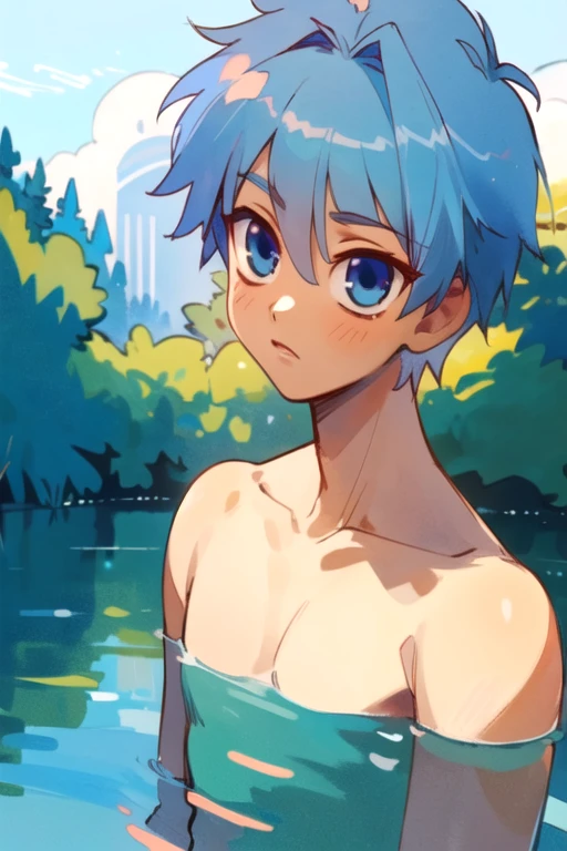 (best quality:1.1), (masterpiece:1.4), wallpaper, , , depth of field, , (semi-realistic:1.4), 1boy, solo, male focus, <lora:fuyuhiko_nishino:0.78>, fuyuhiko_nishino, blue hair, blue eyes, short hair, , river, 4k resolution