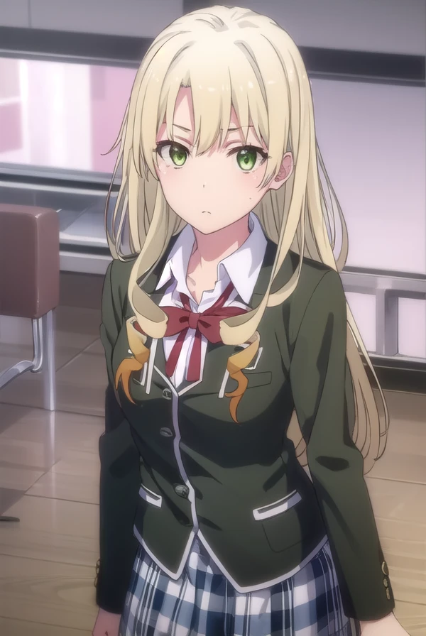 yumikomiura, <lora:yumiko miura s2s3-lora-nochekaiser:1>,
yumiko miura, long hair, blonde hair, (green eyes:1.3), drill hair,
BREAK skirt, ribbon, school uniform, jacket, black jacket, plaid, plaid skirt, blazer, sobu high school uniform,
BREAK indoors, classroom,
BREAK looking at viewer, (cowboy shot:1.5),
BREAK <lyco:GoodHands-beta2:1>, (masterpiece:1.2), best quality, high resolution, unity 8k wallpaper, (illustration:0.8), (beautiful detailed eyes:1.6), extremely detailed face, perfect lighting, extremely detailed CG, (perfect hands, perfect anatomy),