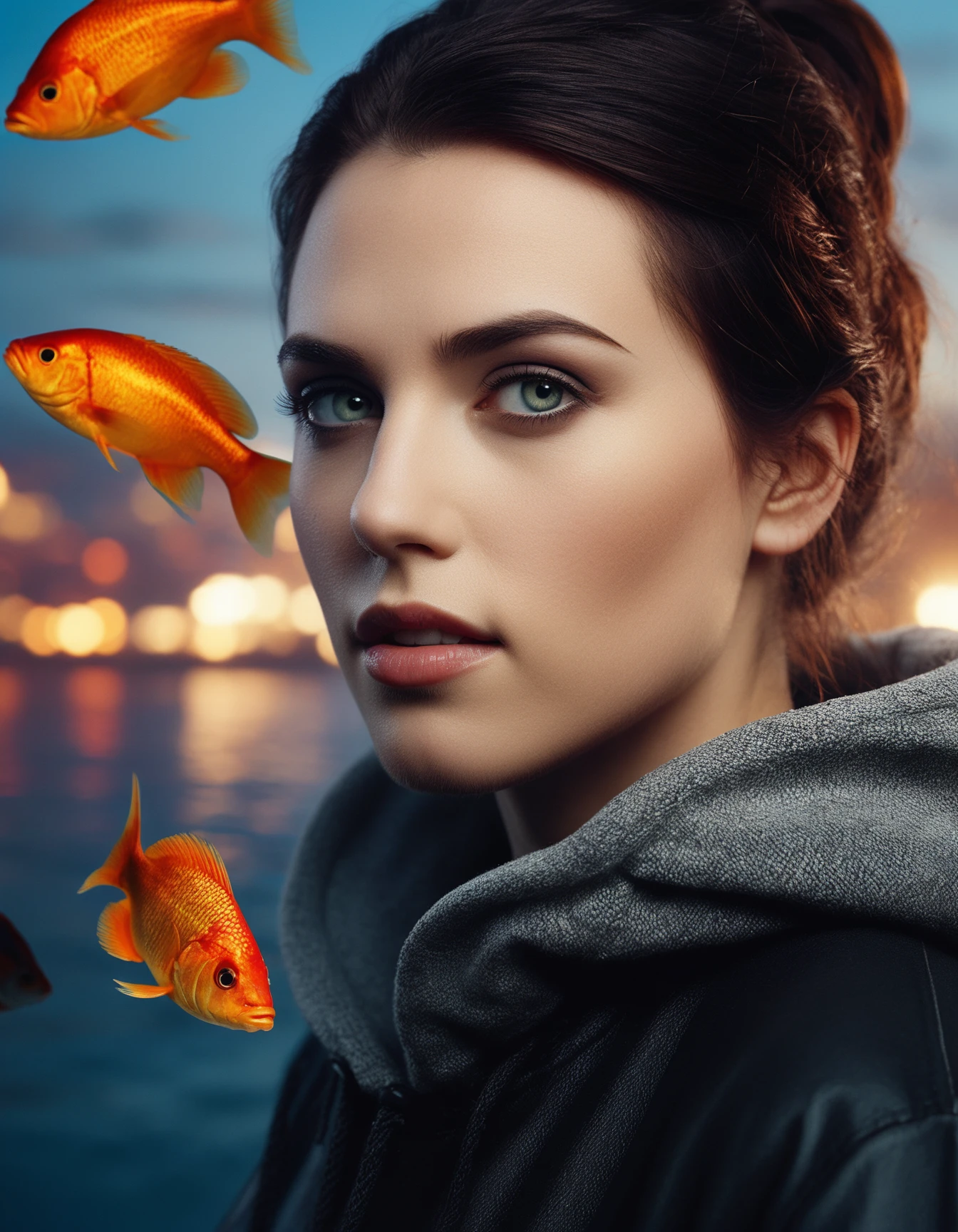 cinematic photo portrait of ((ohwx woman)) wearing black hoodie, by norman rockwell. high detail painting 8k resolution hd digital art trending on Artstation and behance detailed photo 85 acadmm f/1 1 4 rendered in octane engine unreal 5 with ambient light from the right side of her face is floating underwater! colorful fish!! intricate details dramatic lighting hyper realistic volumetric shadows depth fog lens bokeh background award winning photograph portrait studio photography 35 <lora:katiemcgrath_dh128_v1:1> . 35mm photograph, film, bokeh, professional, 4k, highly detailed