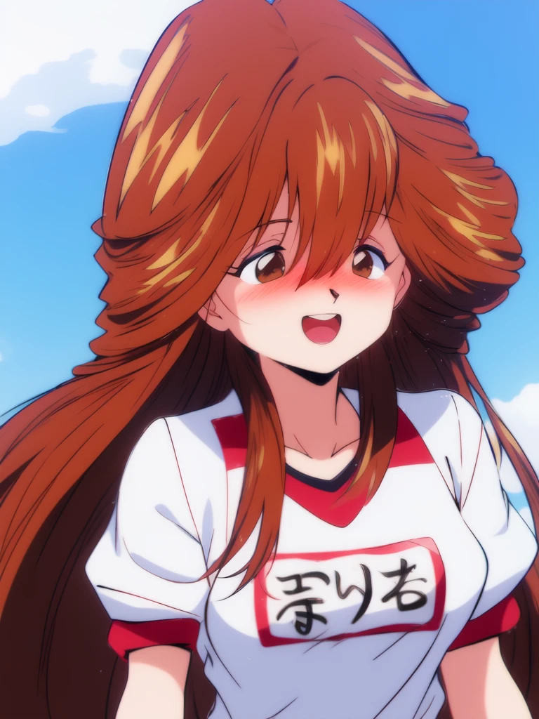 <lora:Kawai_Iyona:1>, Iyona, 1girl, soro, brown eyes,   brown hair,  red hair, long hair, bangs, hair between eyes, smile, under body, large_breasts,
sky, blush, buruma, blush, gym uniform, smile, open mouth, name tag, 
masterpiece, high quality, very_high_resolution, large_filesize, full color,