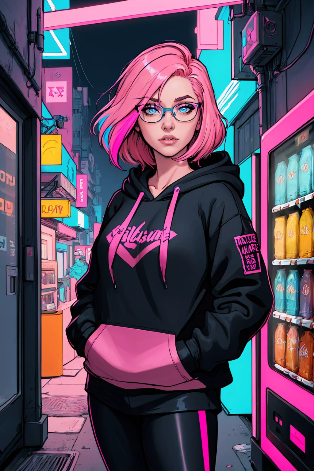 (masterpiece, highest quality, absurdres), thick outlines, cyberpunk, upper body, close-up, solo, woman, short pink hair, multicolored hair, blue eyes, hoodie, leggings, glasses, standing, hands in pockets, night, neon, alleyway, vending machine