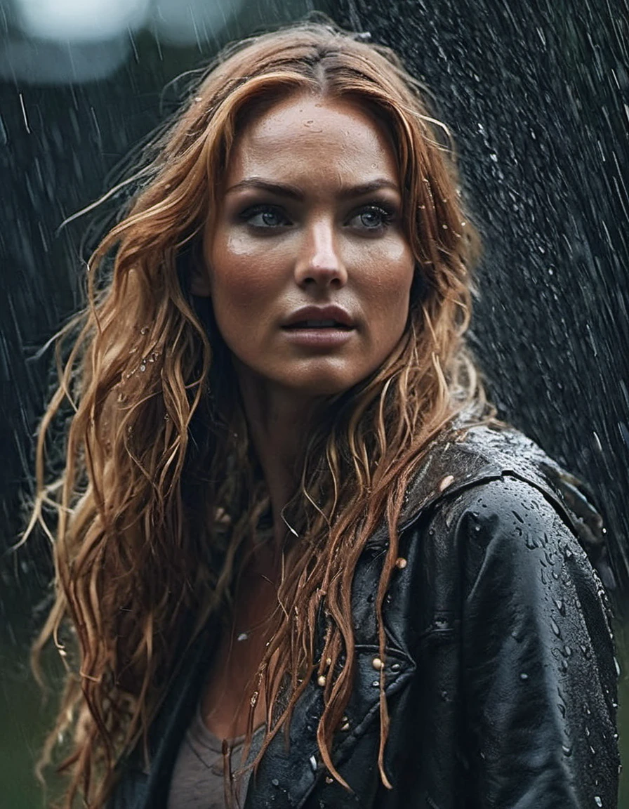<lora:CASW:1>, cinematic photo (cndcswnpl woman) downpour, soaking wet, dripping wet, wet hair, runny makeup, scared, action pose, facing viewer, accurate lighting,
